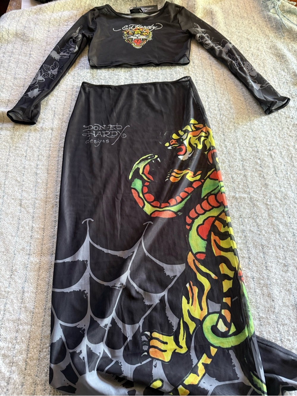 Black Ed Hardy Swim Coverup NWOT M Tiger Maxi Skirt Fitted